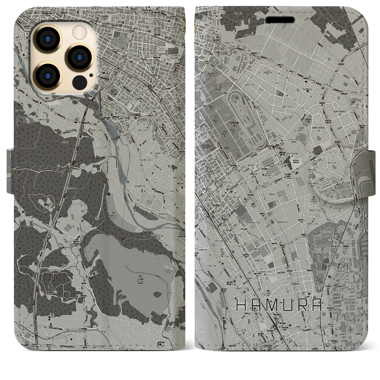 【羽村(東京都)】地図柄iPhoneケース(手帳タイプ)モノトーン・iPhone 12 Pro Max 用