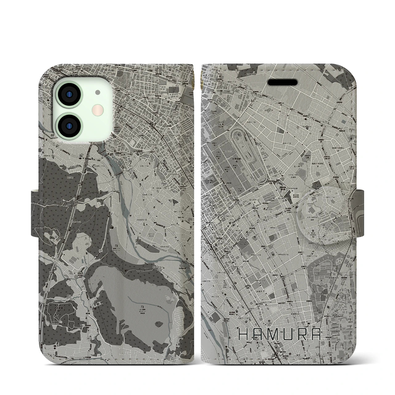 【羽村(東京都)】地図柄iPhoneケース(手帳タイプ)モノトーン・iPhone 12 mini 用
