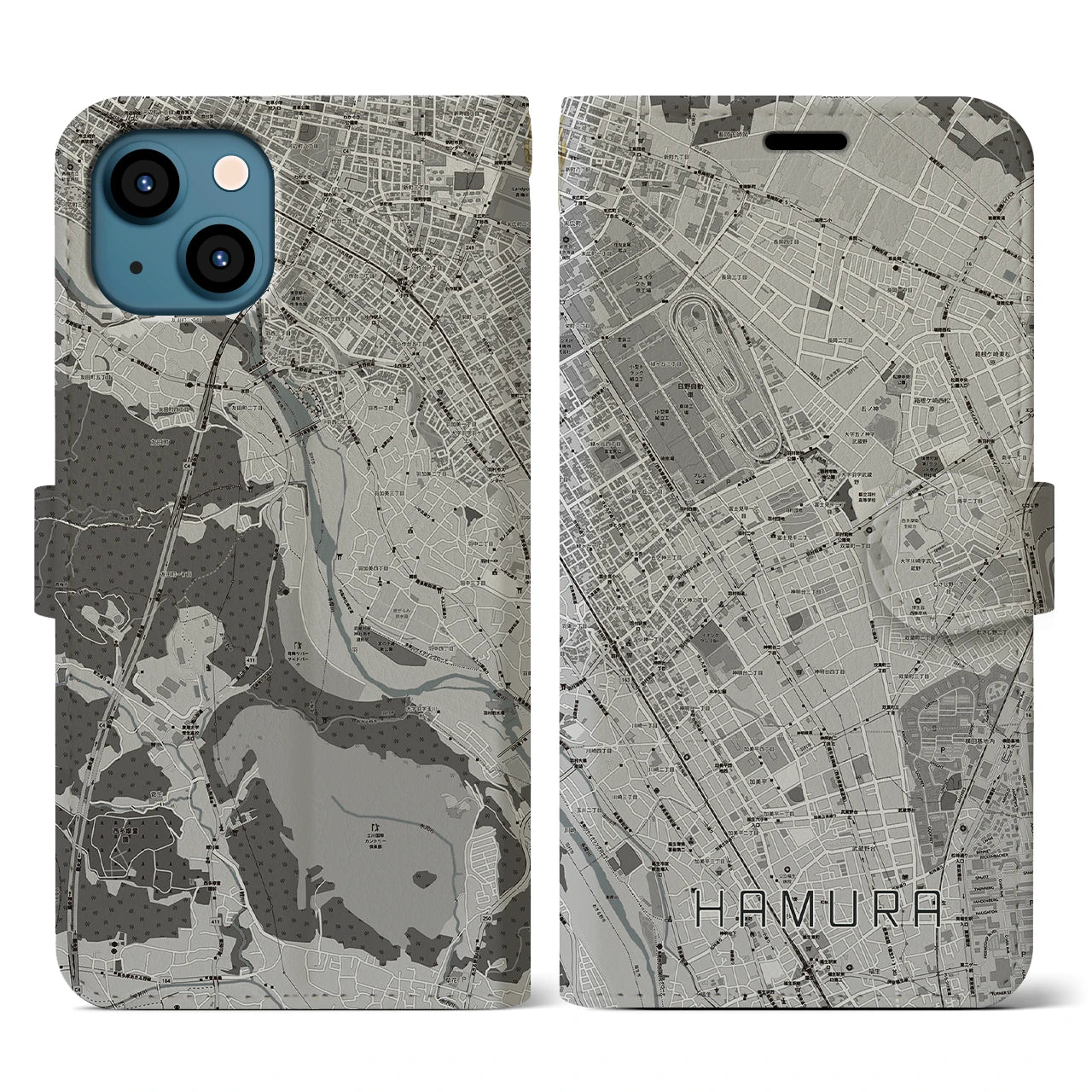【羽村(東京都)】地図柄iPhoneケース(手帳タイプ)モノトーン・iPhone 13 用