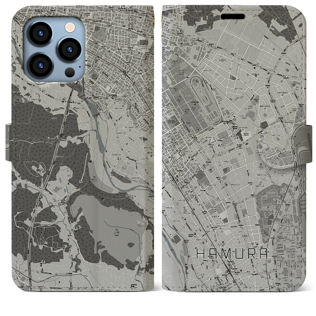 【羽村(東京都)】地図柄iPhoneケース(手帳タイプ)モノトーン・iPhone 13 Pro Max 用