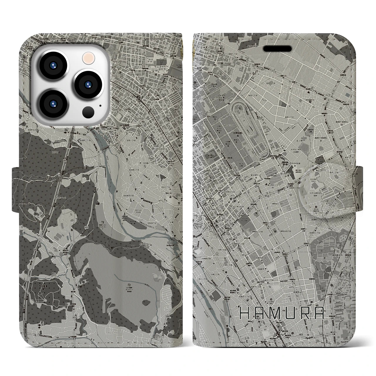 【羽村(東京都)】地図柄iPhoneケース(手帳タイプ)モノトーン・iPhone 13 Pro 用