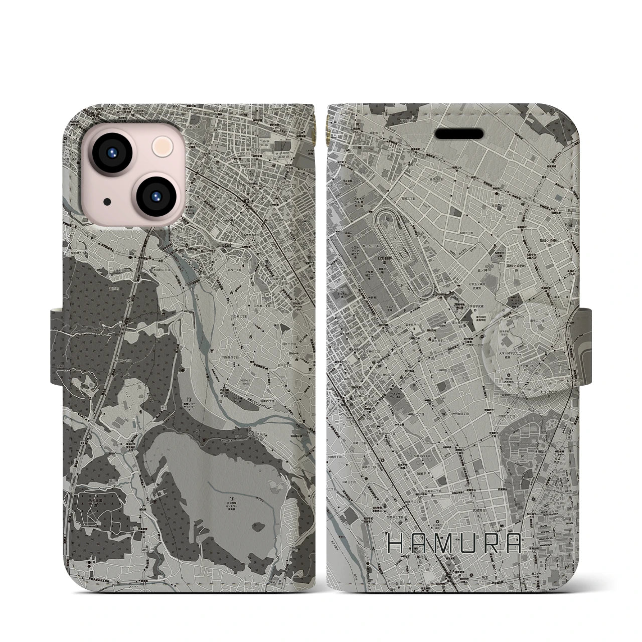 【羽村(東京都)】地図柄iPhoneケース(手帳タイプ)モノトーン・iPhone 13 mini 用
