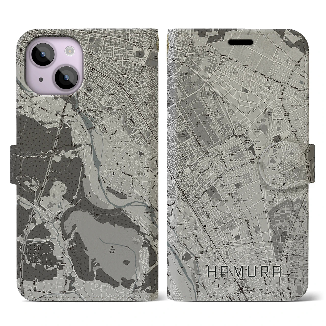【羽村(東京都)】地図柄iPhoneケース(手帳タイプ)モノトーン・iPhone 14 用