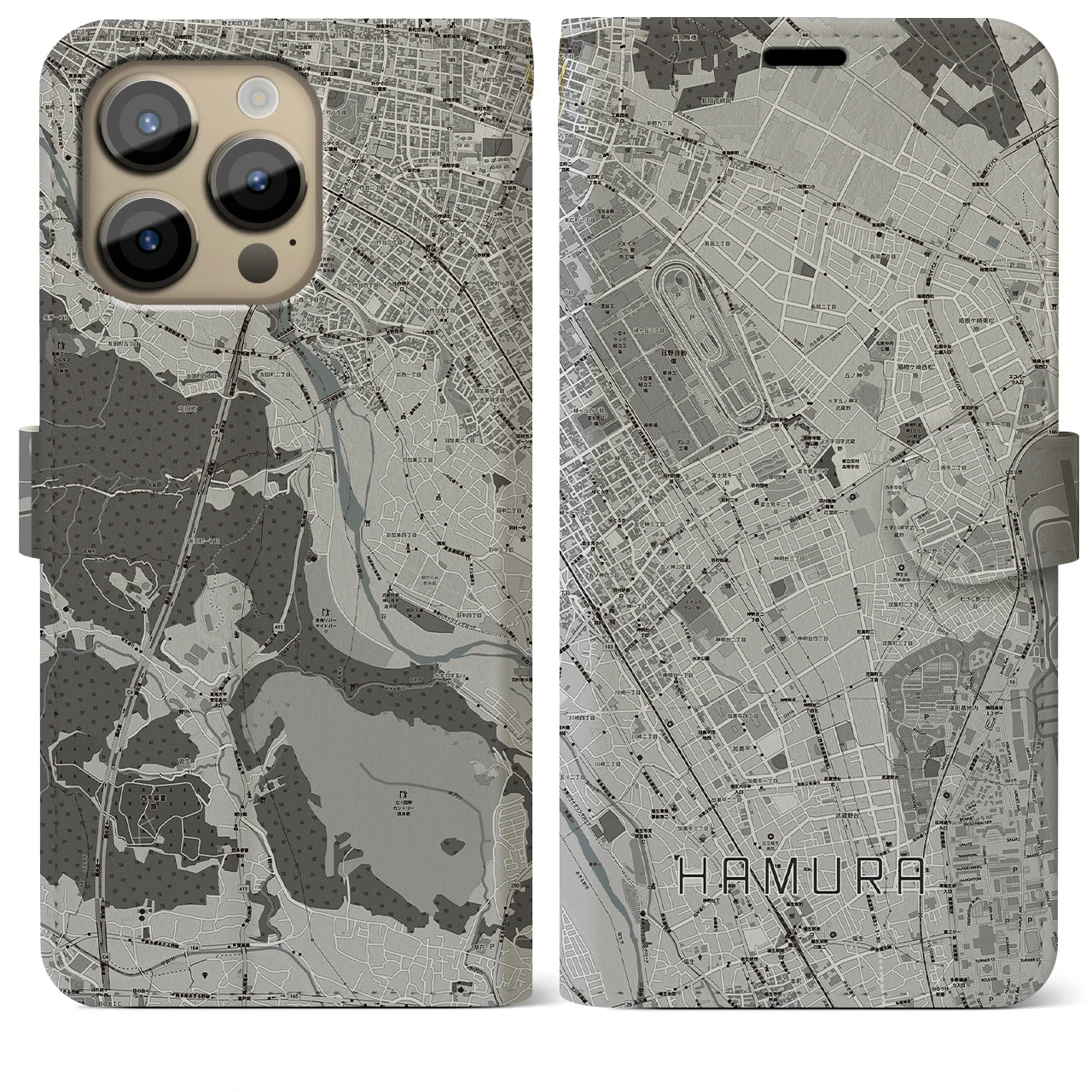 【羽村(東京都)】地図柄iPhoneケース(手帳タイプ)モノトーン・iPhone 14 Pro Max 用