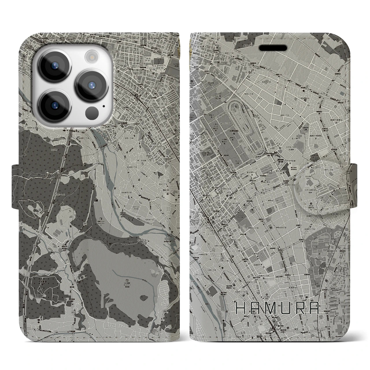 【羽村(東京都)】地図柄iPhoneケース(手帳タイプ)モノトーン・iPhone 14 Pro 用