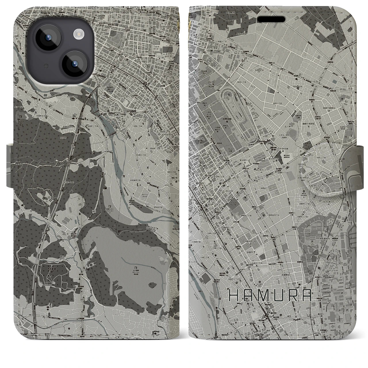 【羽村(東京都)】地図柄iPhoneケース(手帳タイプ)モノトーン・iPhone 14 Plus 用