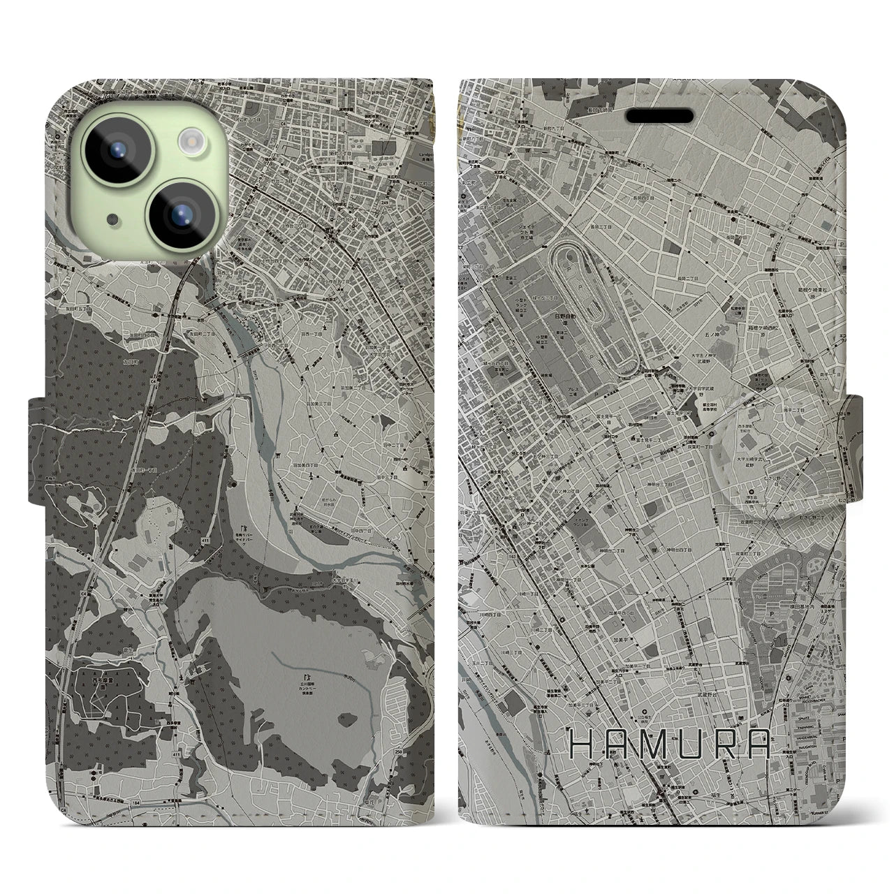 【羽村(東京都)】地図柄iPhoneケース(手帳タイプ)モノトーン・iPhone 15 用