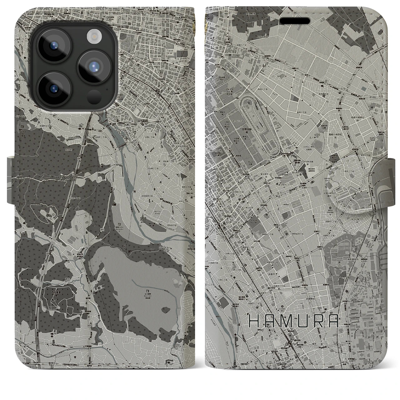 【羽村(東京都)】地図柄iPhoneケース(手帳タイプ)モノトーン・iPhone 15 Pro Max 用