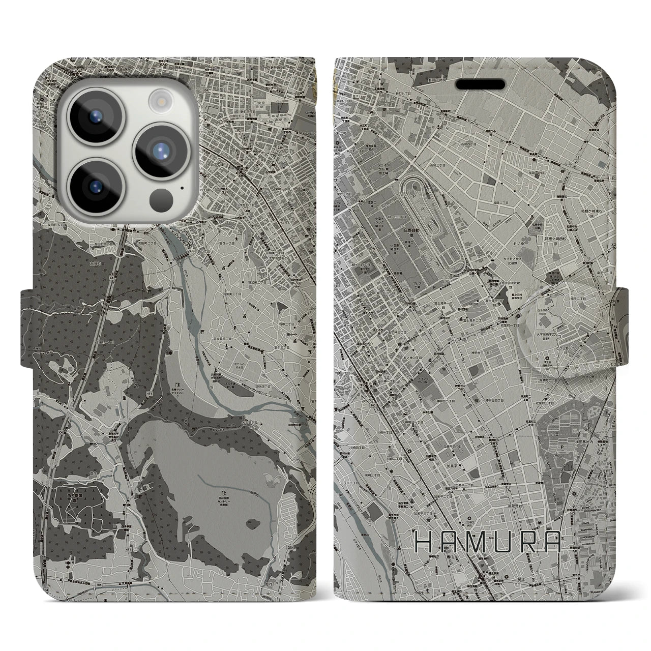 【羽村(東京都)】地図柄iPhoneケース(手帳タイプ)モノトーン・iPhone 15 Pro 用