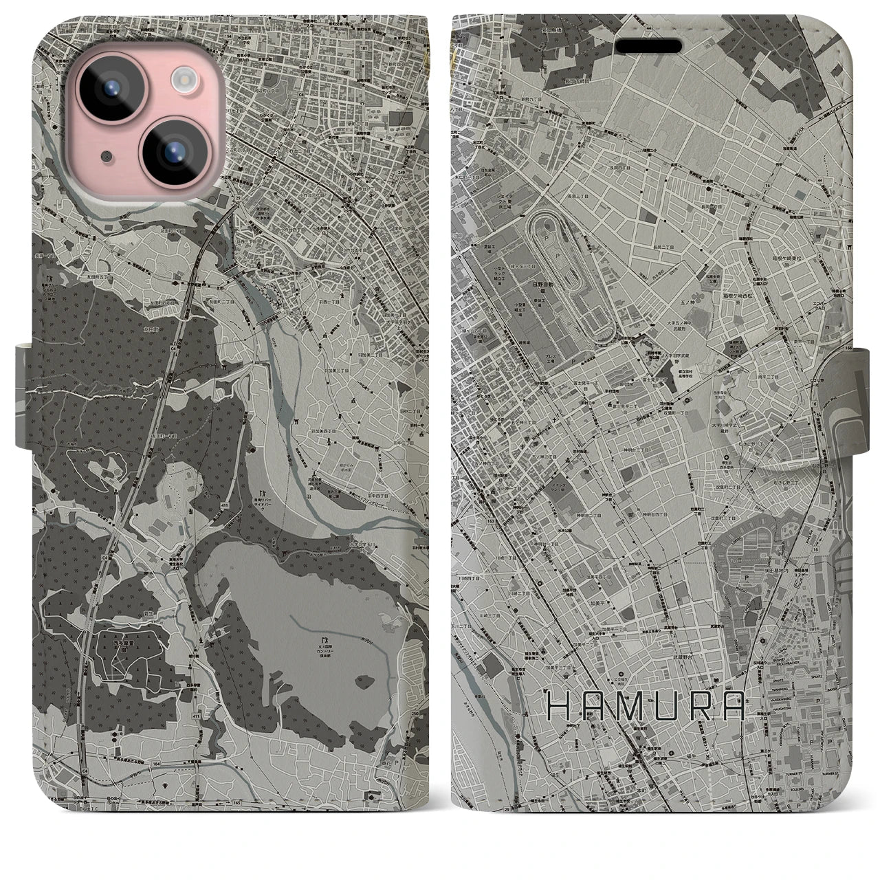 【羽村(東京都)】地図柄iPhoneケース(手帳タイプ)モノトーン・iPhone 15 Plus 用