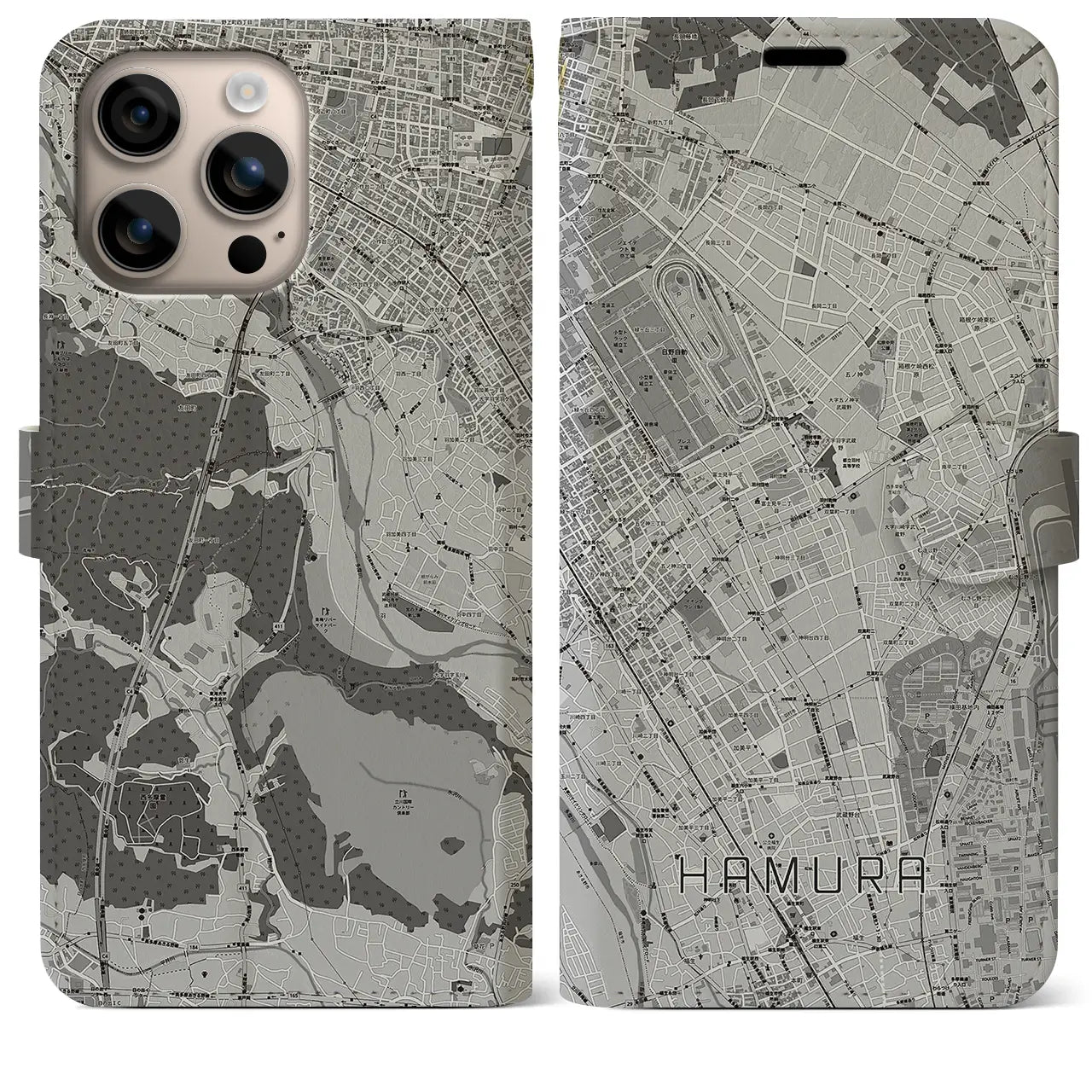 【羽村(東京都)】地図柄iPhoneケース(手帳タイプ)モノトーン・iPhone 16 Plus 用
