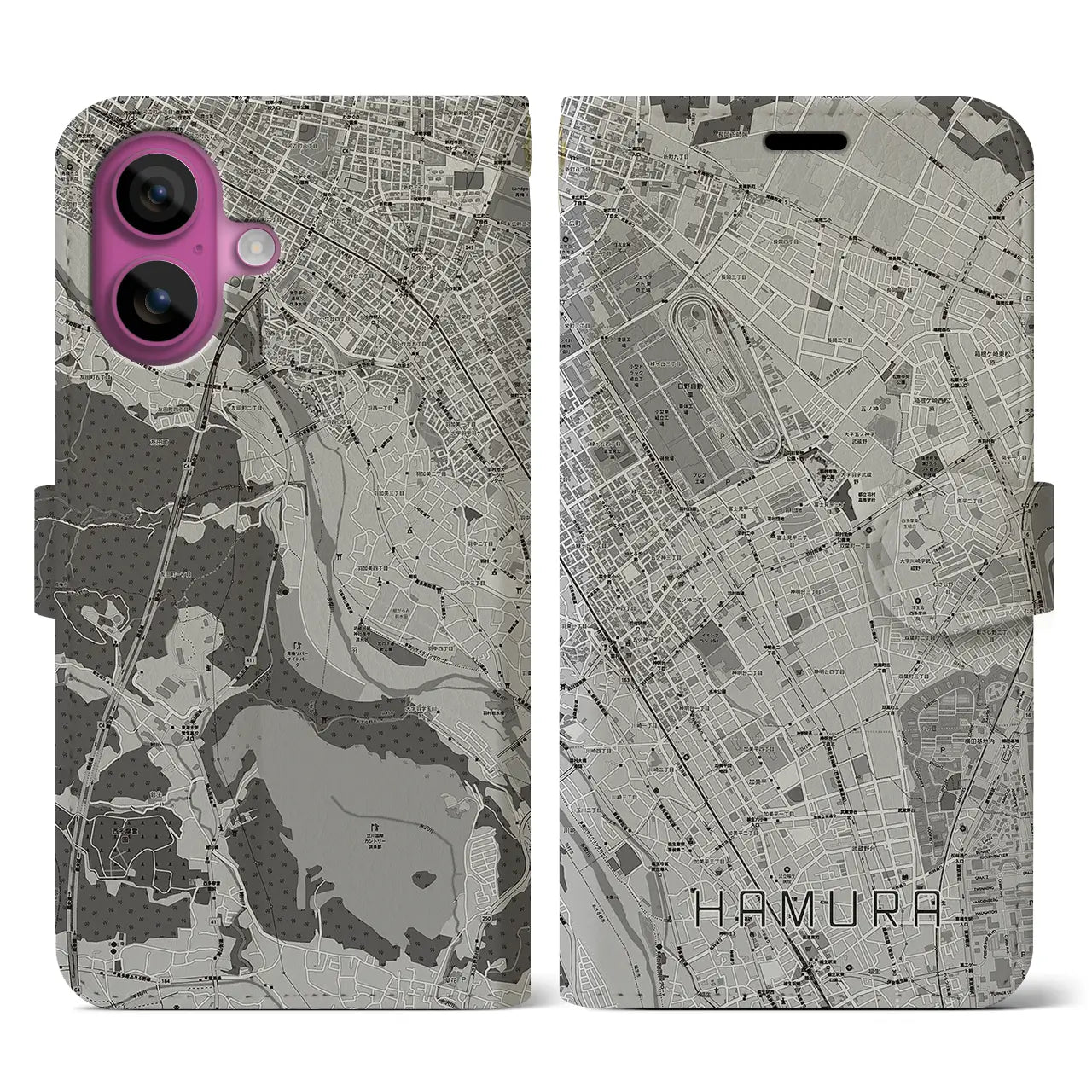 【羽村(東京都)】地図柄iPhoneケース(手帳タイプ)モノトーン・iPhone 16 Pro 用