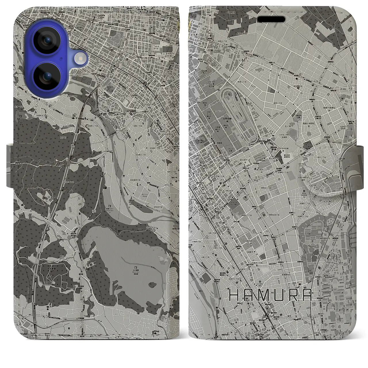 【羽村(東京都)】地図柄iPhoneケース(手帳タイプ)モノトーン・iPhone 16 Pro Max 用