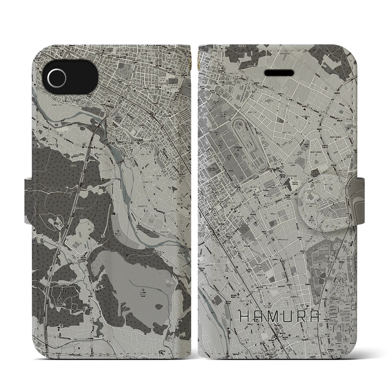 【羽村(東京都)】地図柄iPhoneケース(手帳タイプ)モノトーン・iPhone SE(第3 / 第2世代) / 8 / 7 / 6s / 6 用