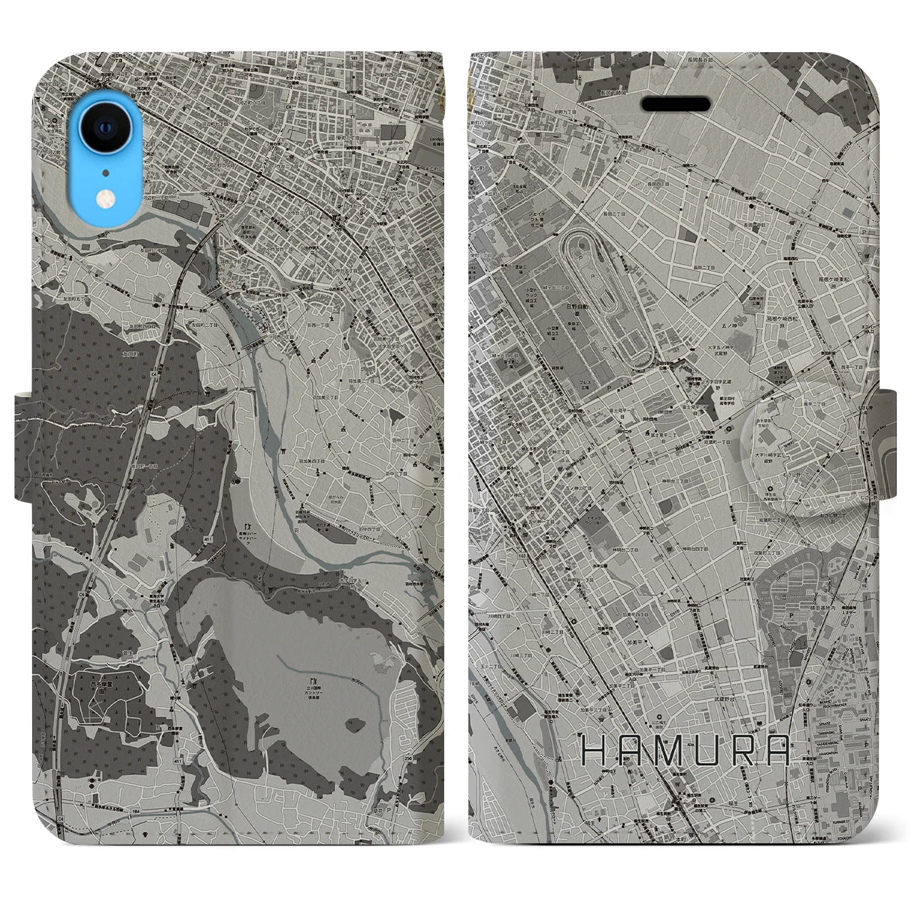 【羽村(東京都)】地図柄iPhoneケース(手帳タイプ)モノトーン・iPhone XR 用