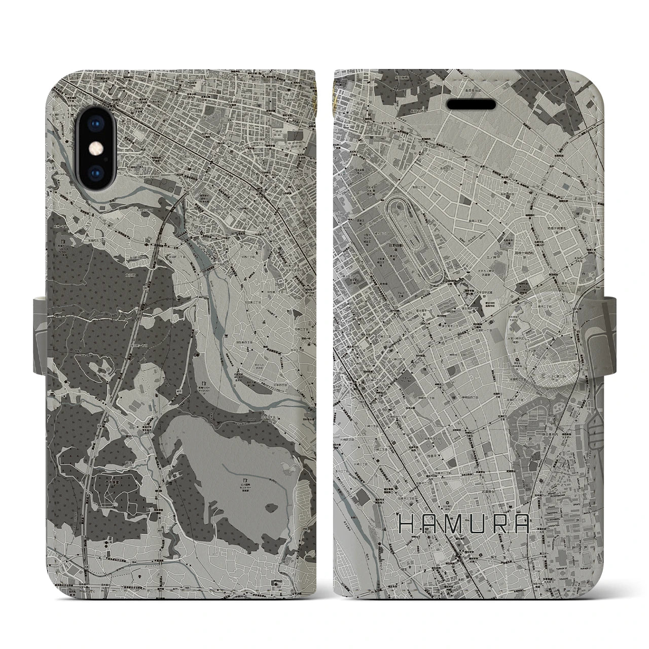 【羽村(東京都)】地図柄iPhoneケース(手帳タイプ)モノトーン・iPhone XS / X 用