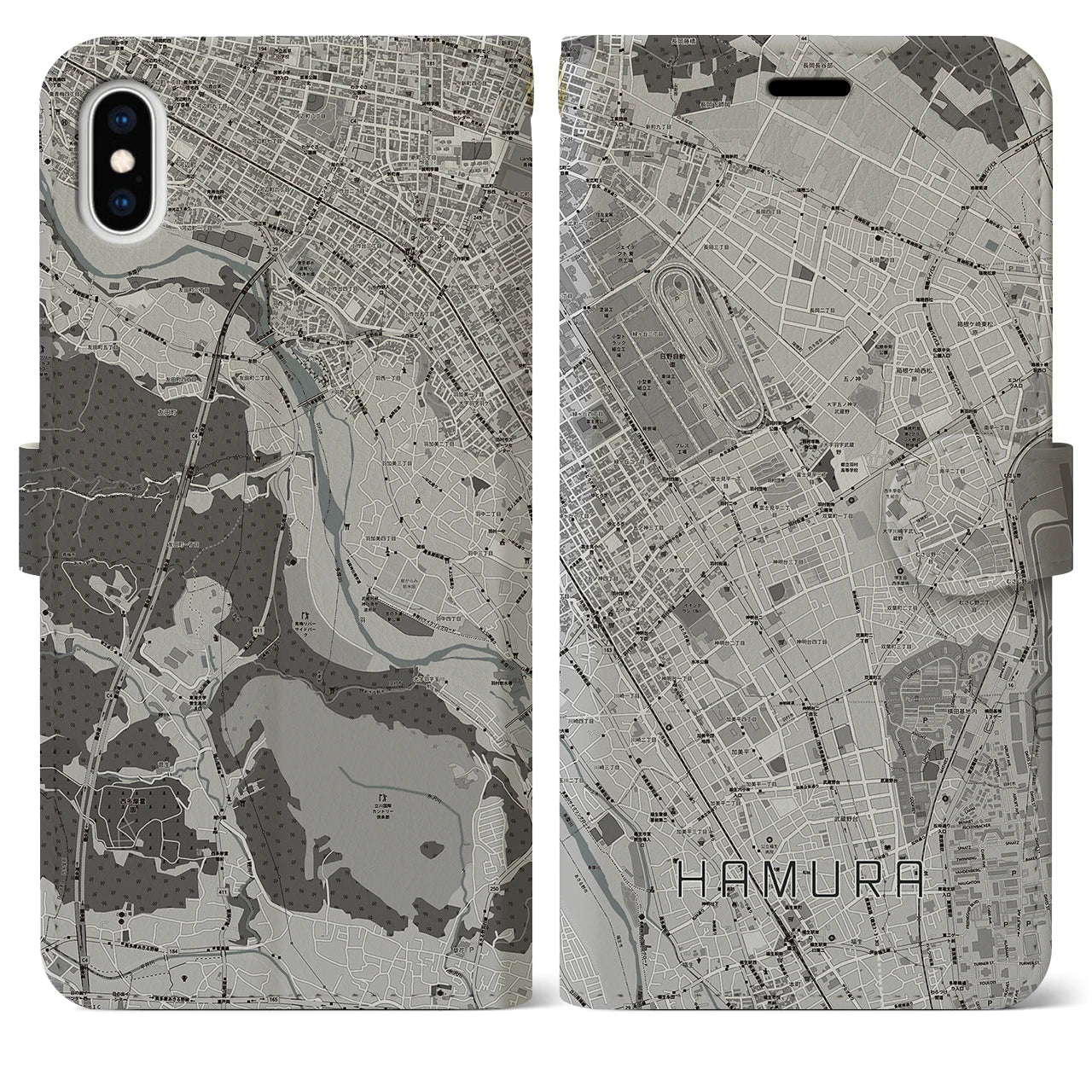 【羽村(東京都)】地図柄iPhoneケース(手帳タイプ)モノトーン・iPhone XS Max 用