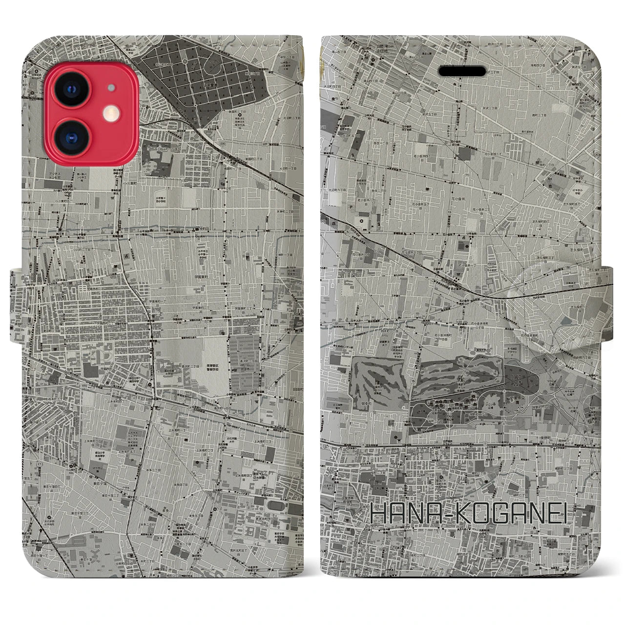 【花小金井(東京都)】地図柄iPhoneケース(手帳タイプ)モノトーン・iPhone 11 用