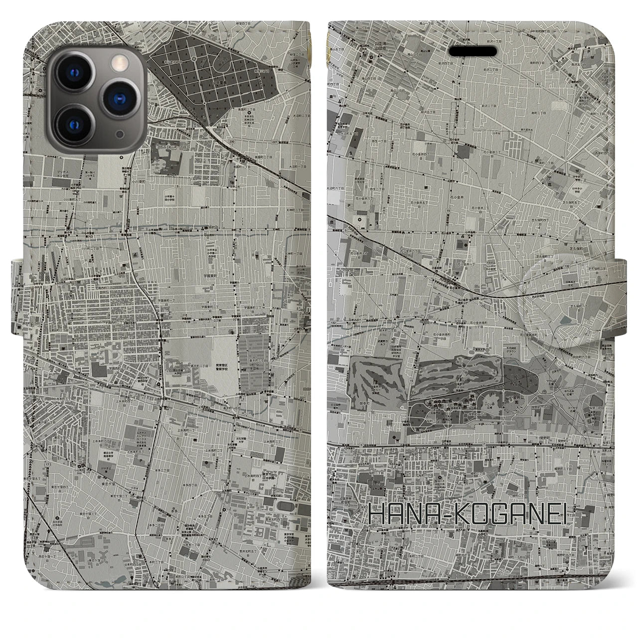 【花小金井(東京都)】地図柄iPhoneケース(手帳タイプ)モノトーン・iPhone 11 Pro Max 用
