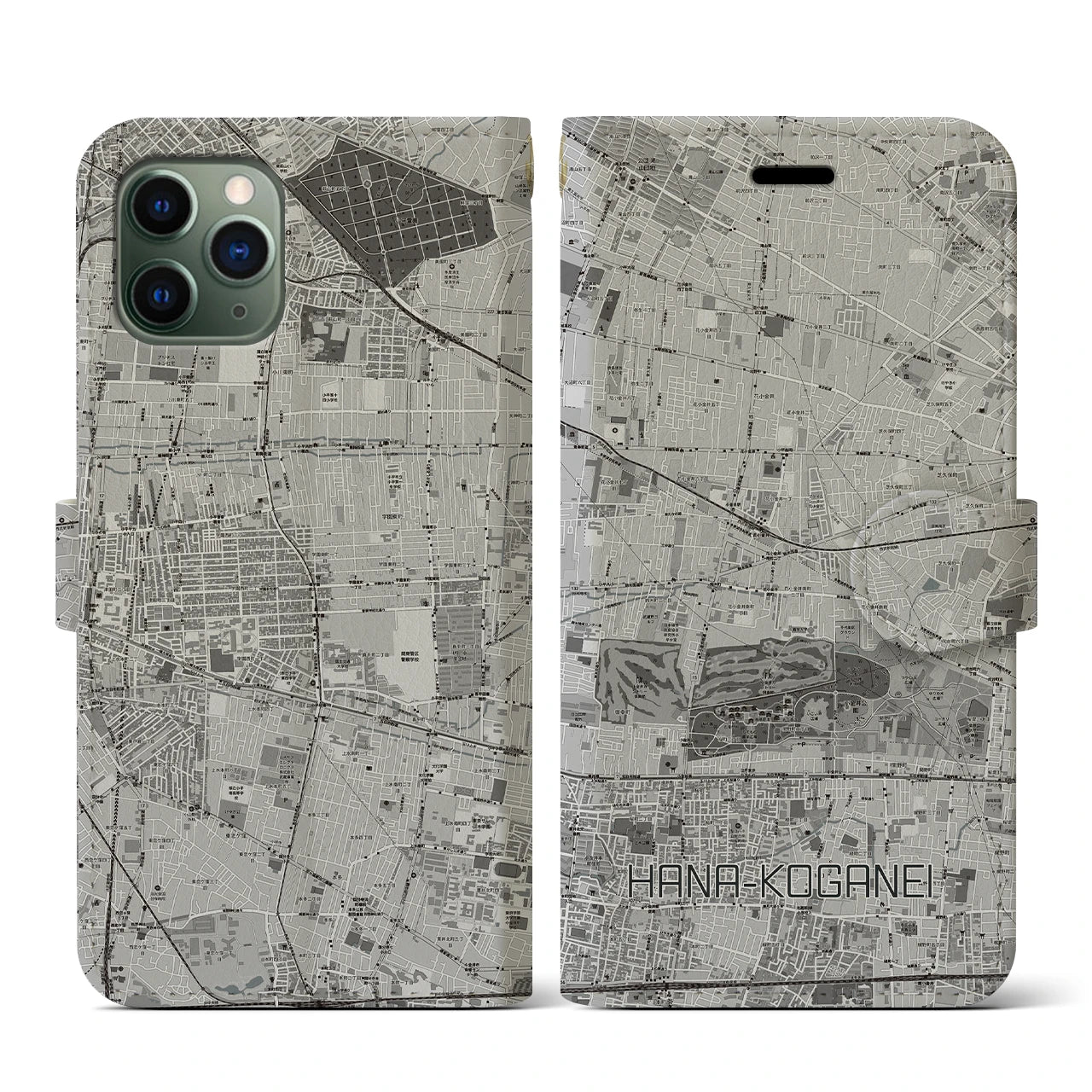 【花小金井(東京都)】地図柄iPhoneケース(手帳タイプ)モノトーン・iPhone 11 Pro 用
