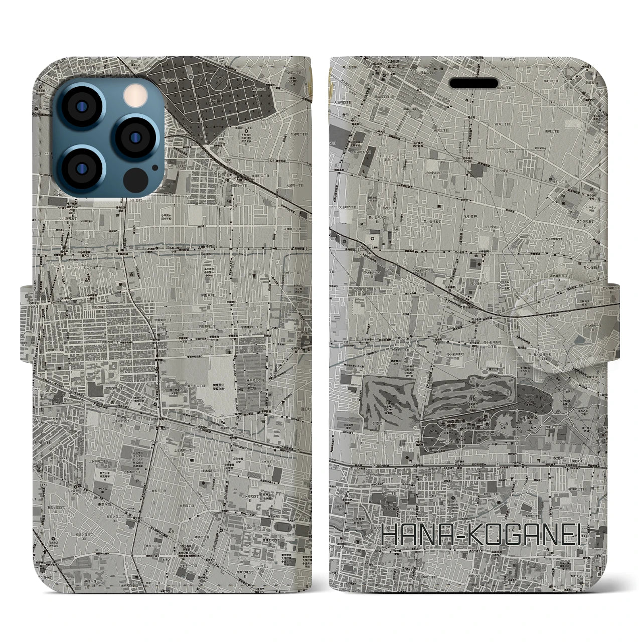 【花小金井(東京都)】地図柄iPhoneケース(手帳タイプ)モノトーン・iPhone 12 / 12 Pro 用