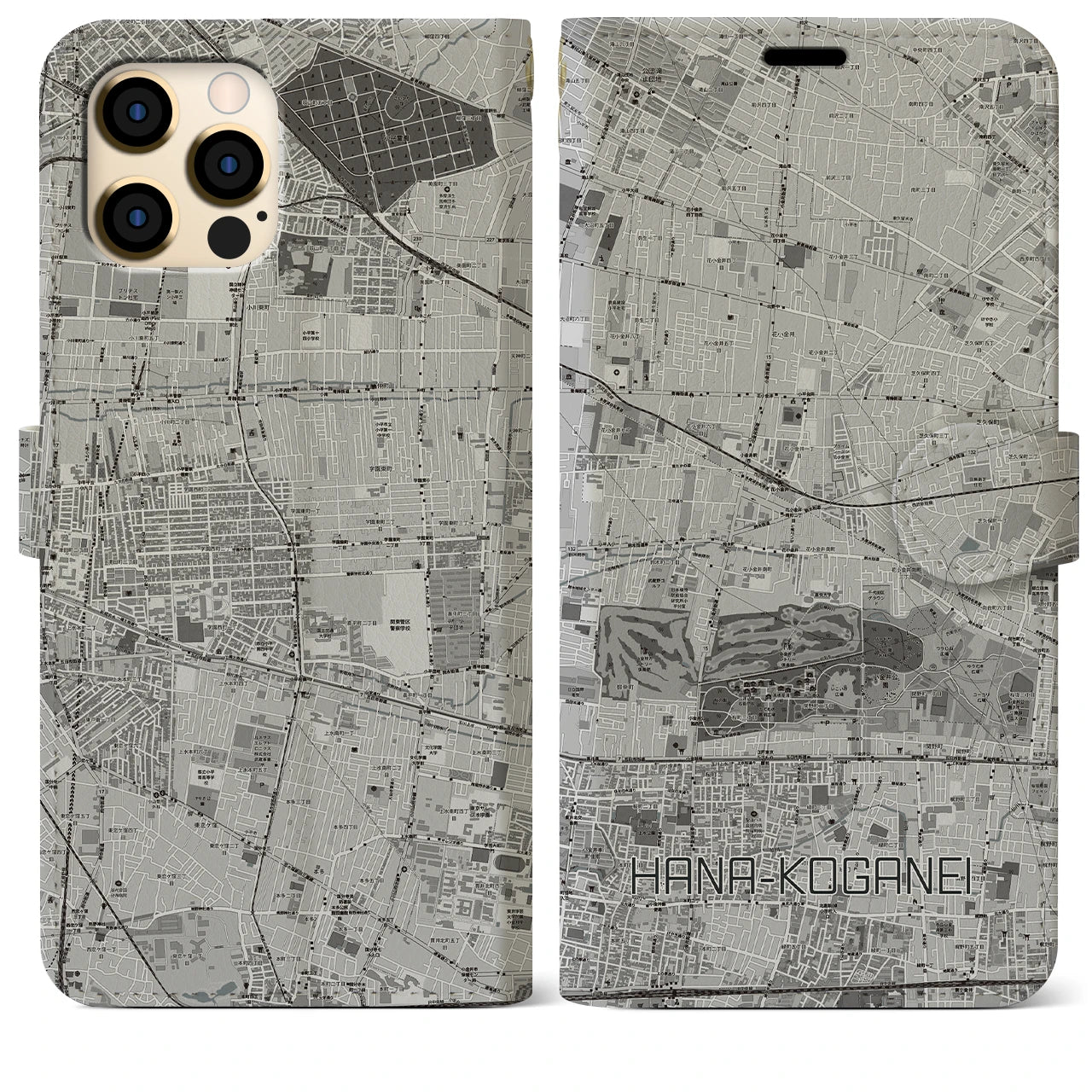 【花小金井(東京都)】地図柄iPhoneケース(手帳タイプ)モノトーン・iPhone 12 Pro Max 用