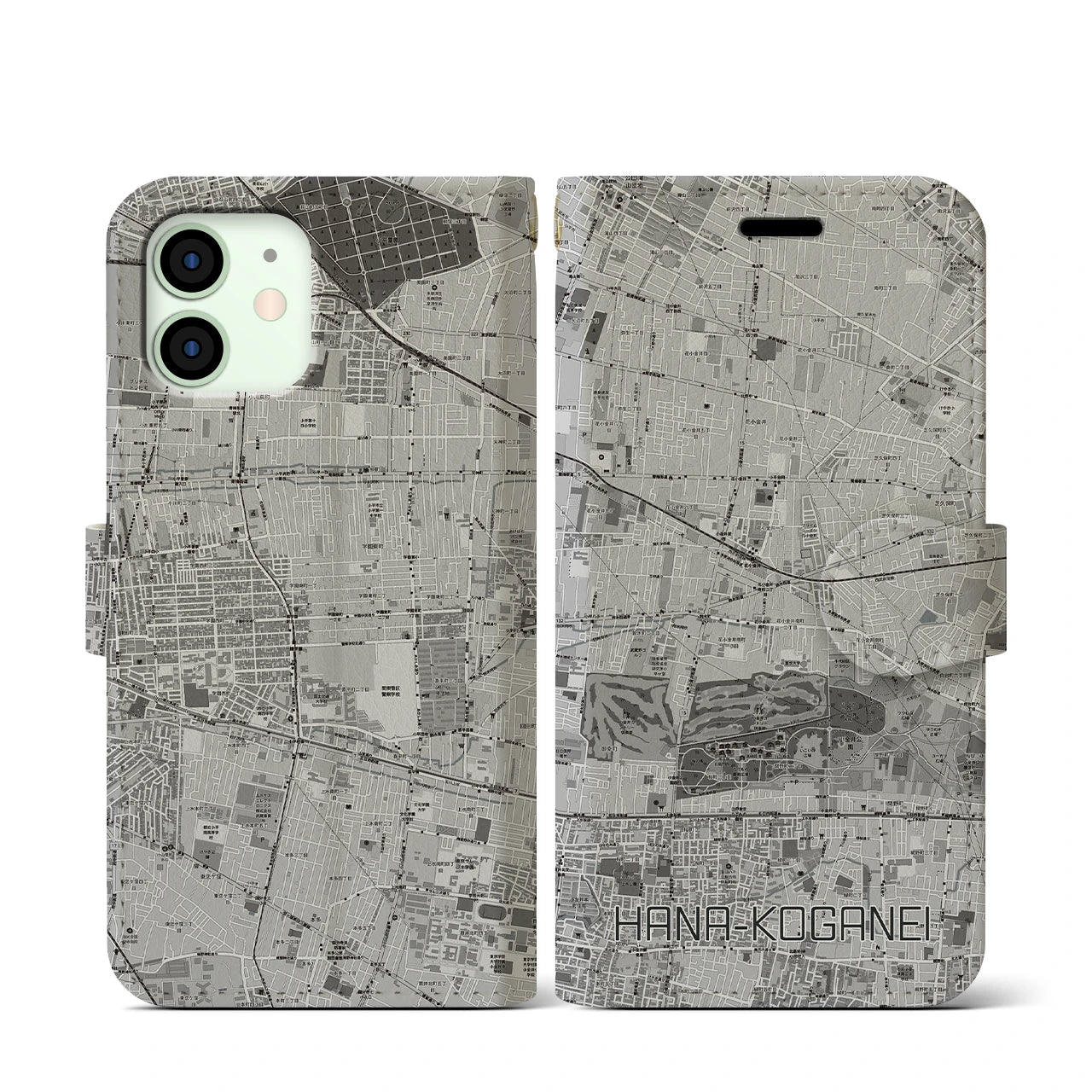 【花小金井(東京都)】地図柄iPhoneケース(手帳タイプ)モノトーン・iPhone 12 mini 用