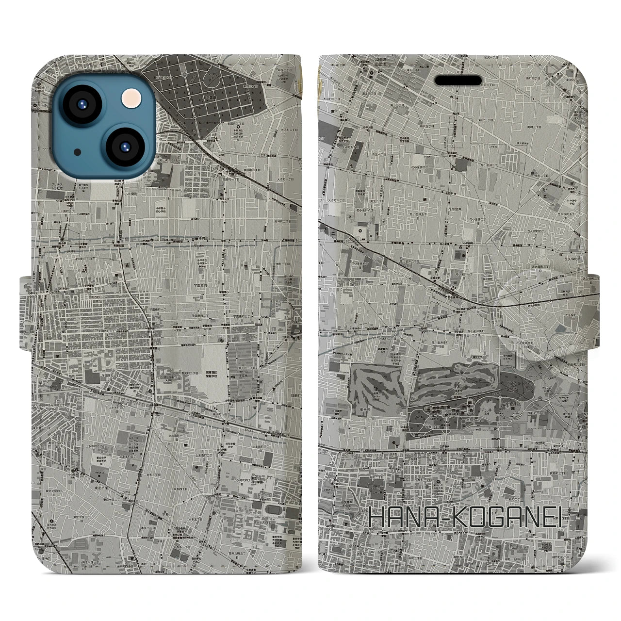 【花小金井(東京都)】地図柄iPhoneケース(手帳タイプ)モノトーン・iPhone 13 用