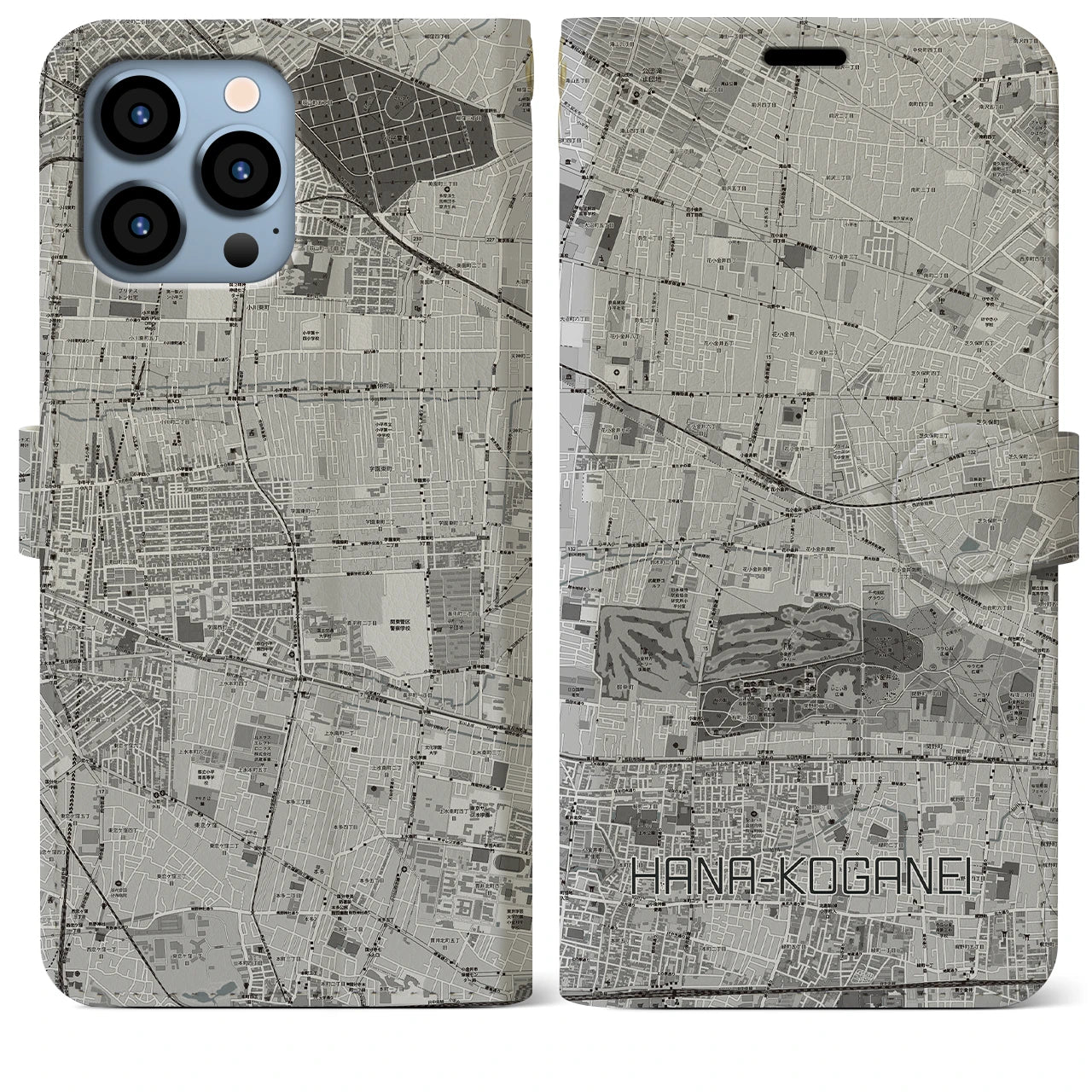 【花小金井(東京都)】地図柄iPhoneケース(手帳タイプ)モノトーン・iPhone 13 Pro Max 用