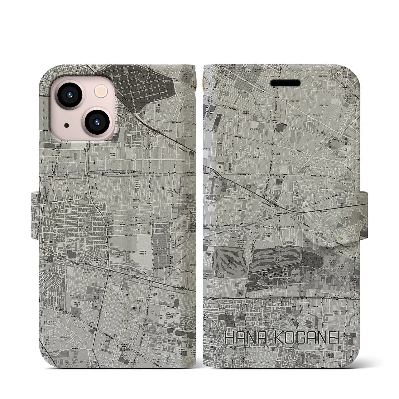 【花小金井(東京都)】地図柄iPhoneケース(手帳タイプ)モノトーン・iPhone 13 mini 用