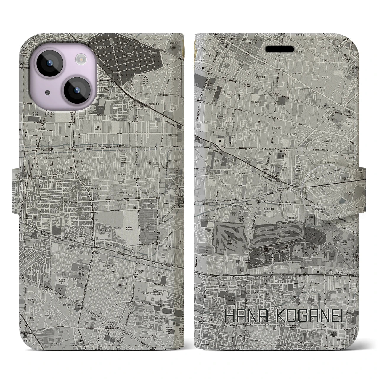 【花小金井(東京都)】地図柄iPhoneケース(手帳タイプ)モノトーン・iPhone 14 用