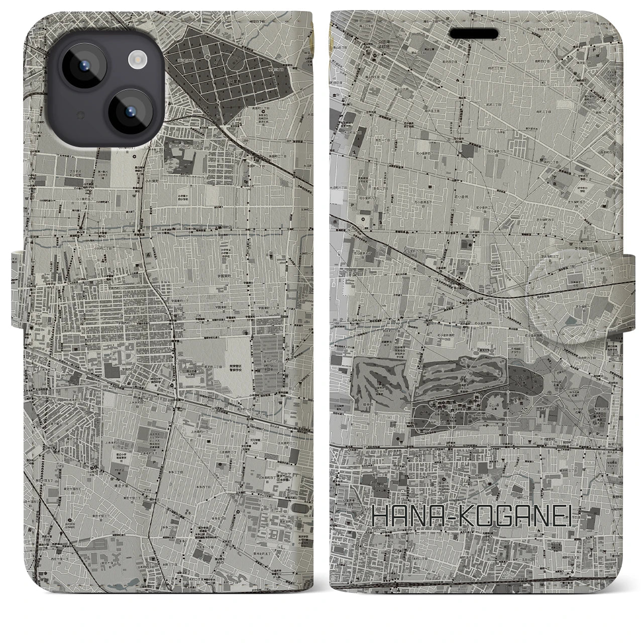 【花小金井(東京都)】地図柄iPhoneケース(手帳タイプ)モノトーン・iPhone 14 Plus 用