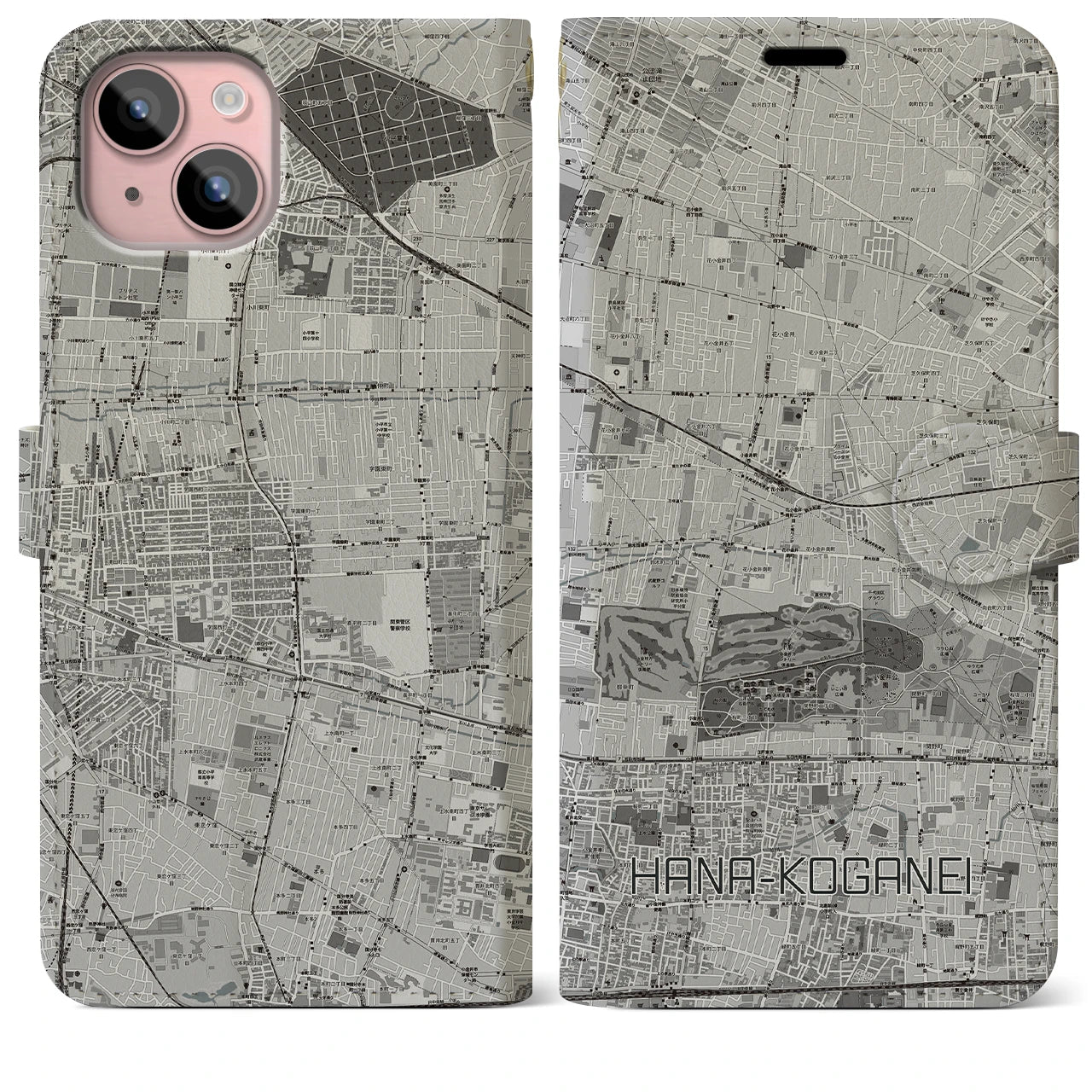 【花小金井(東京都)】地図柄iPhoneケース(手帳タイプ)モノトーン・iPhone 15 Plus 用
