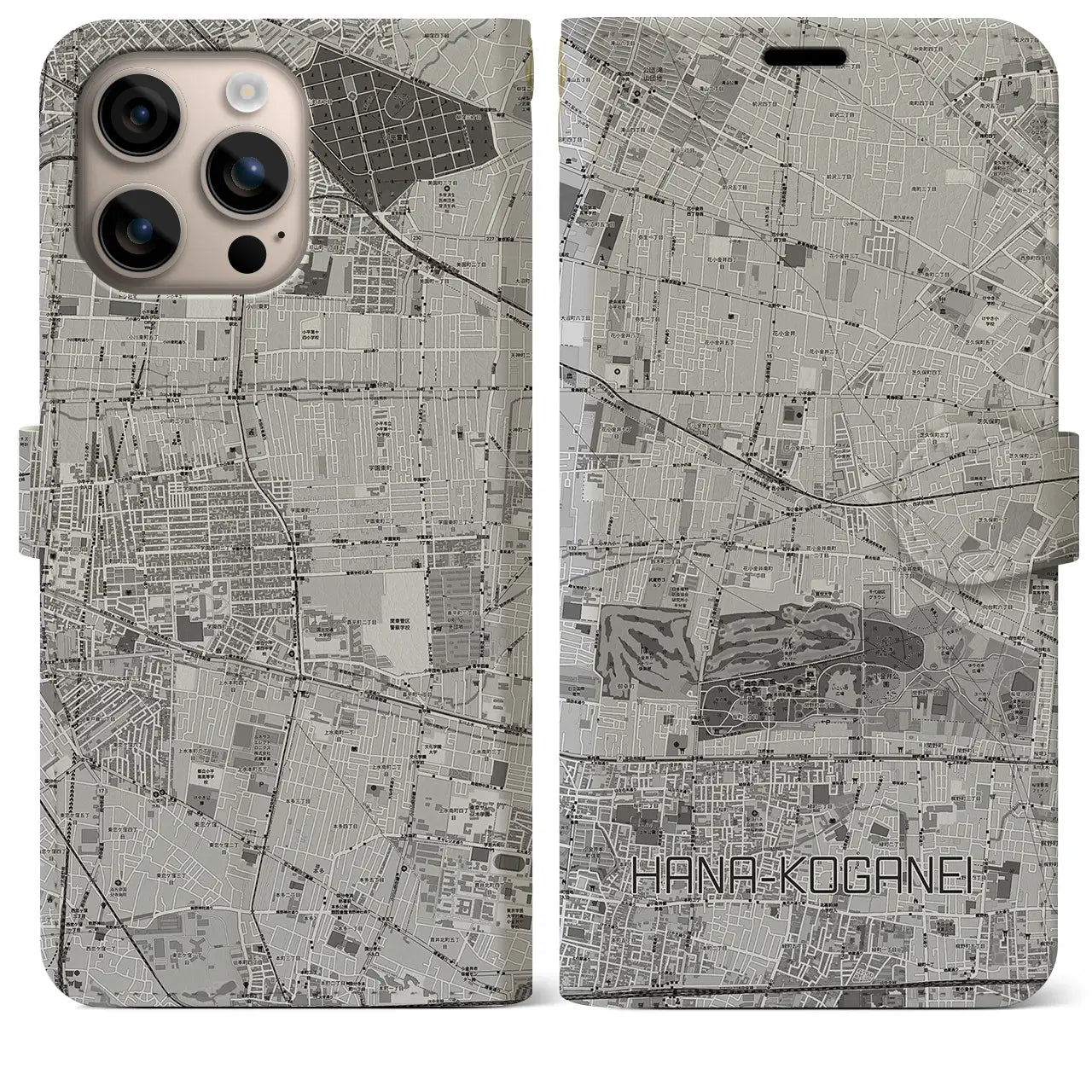 【花小金井(東京都)】地図柄iPhoneケース(手帳タイプ)モノトーン・iPhone 16 Plus 用