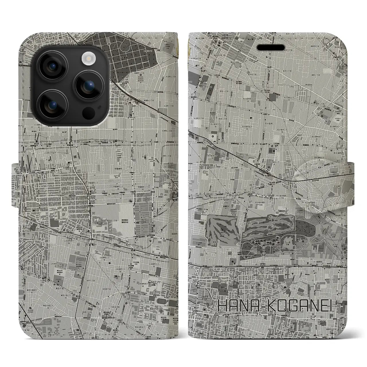 【花小金井(東京都)】地図柄iPhoneケース(手帳タイプ)モノトーン・iPhone 16 用