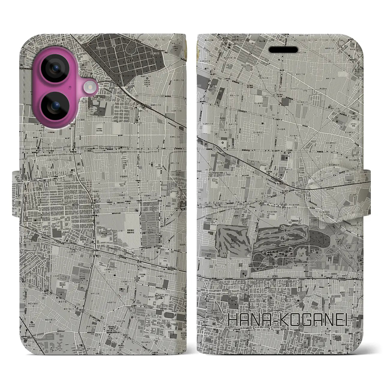 【花小金井(東京都)】地図柄iPhoneケース(手帳タイプ)モノトーン・iPhone 16 Pro 用