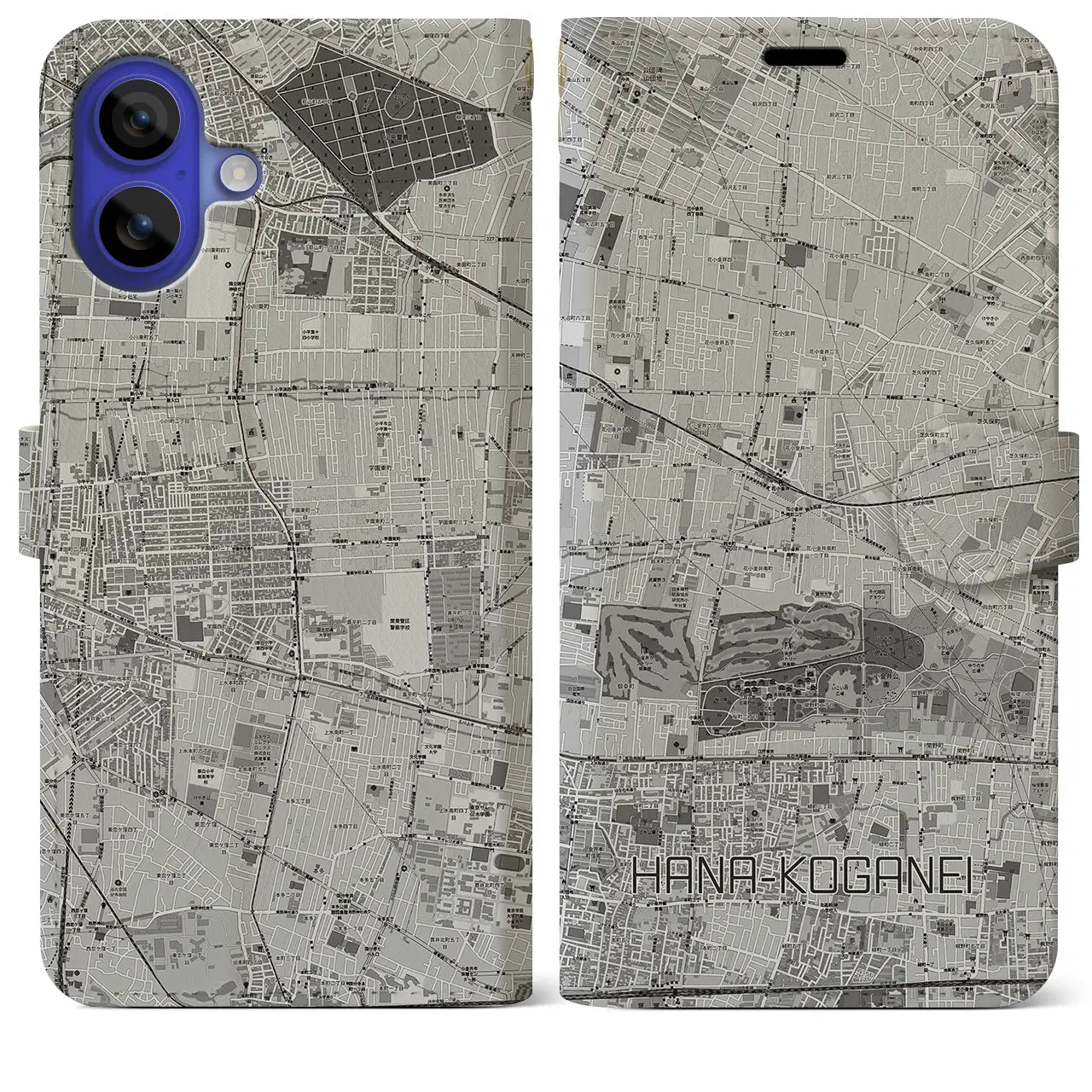 【花小金井(東京都)】地図柄iPhoneケース(手帳タイプ)モノトーン・iPhone 16 Pro Max 用