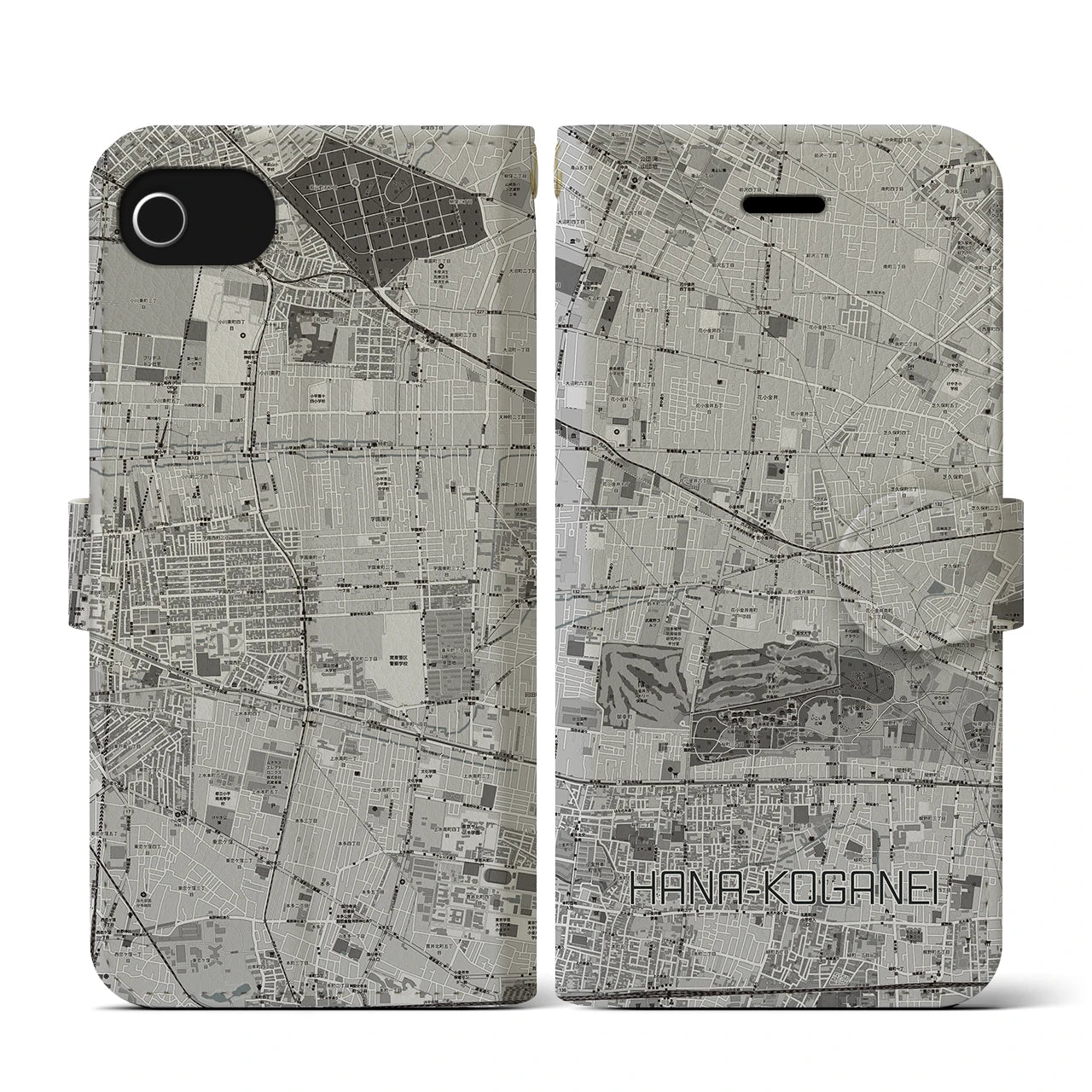 【花小金井(東京都)】地図柄iPhoneケース(手帳タイプ)モノトーン・iPhone SE(第3 / 第2世代) / 8 / 7 / 6s / 6 用