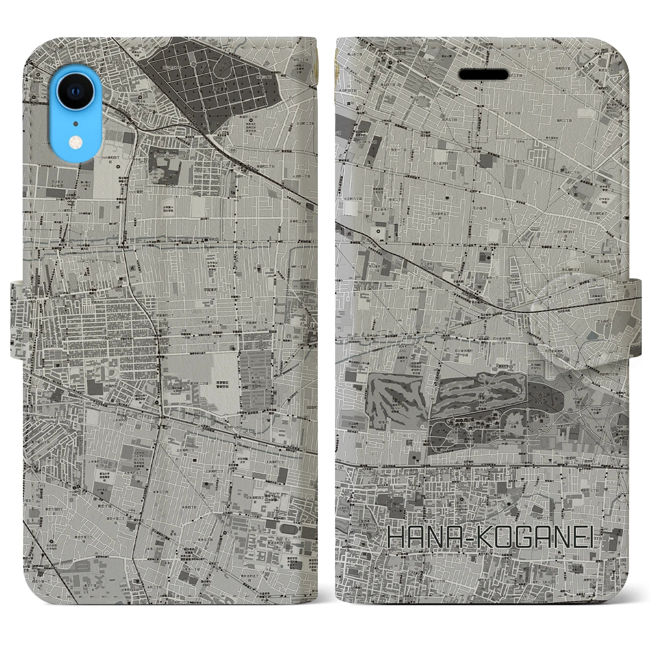 【花小金井(東京都)】地図柄iPhoneケース(手帳タイプ)モノトーン・iPhone XR 用