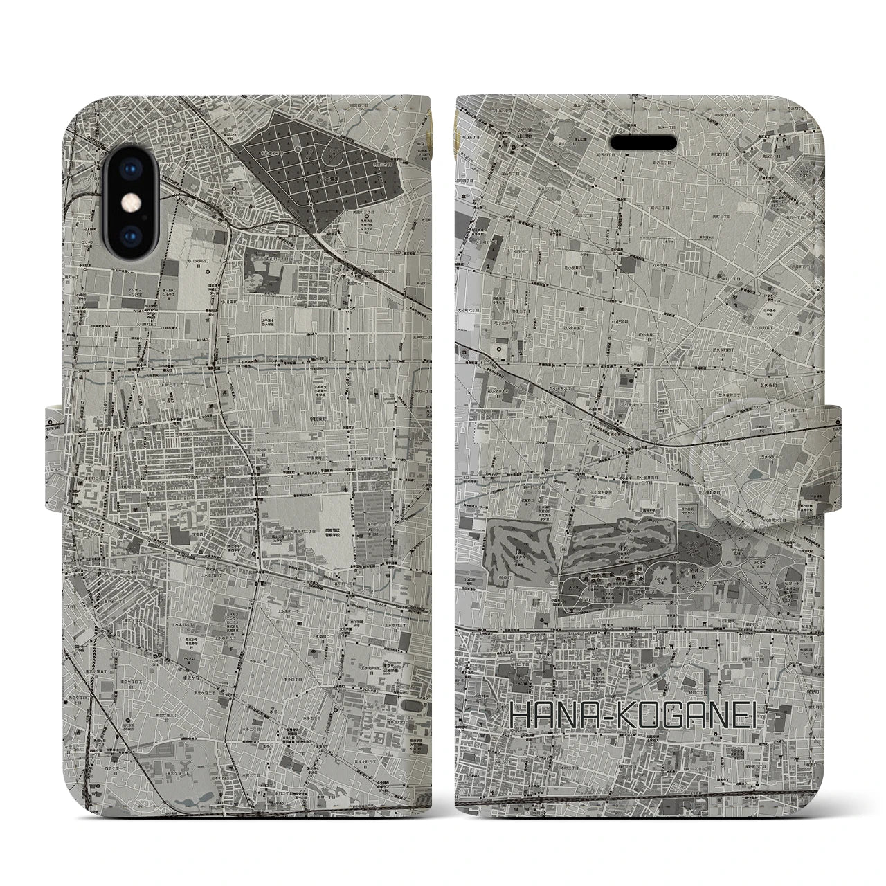 【花小金井(東京都)】地図柄iPhoneケース(手帳タイプ)モノトーン・iPhone XS / X 用