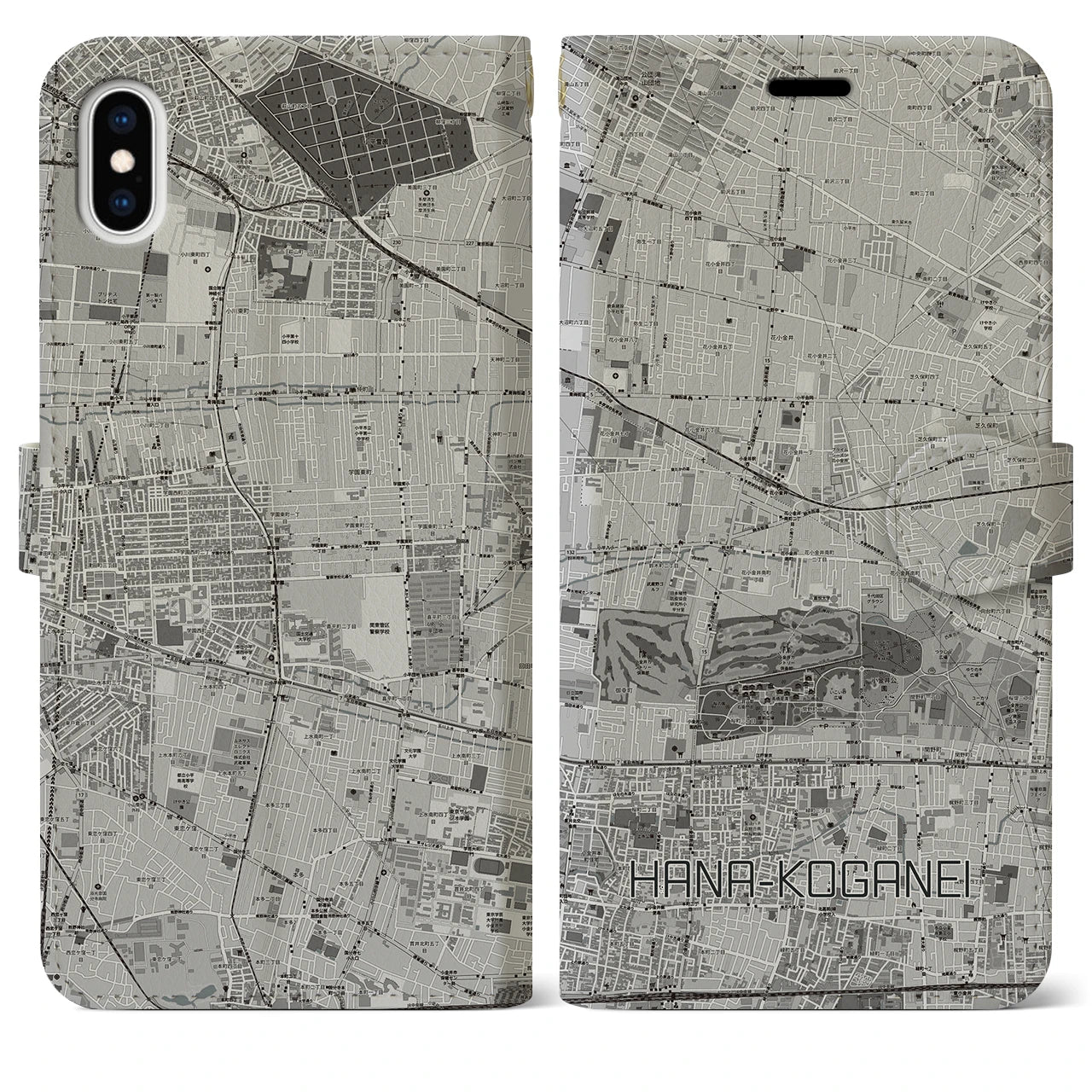 【花小金井(東京都)】地図柄iPhoneケース(手帳タイプ)モノトーン・iPhone XS Max 用