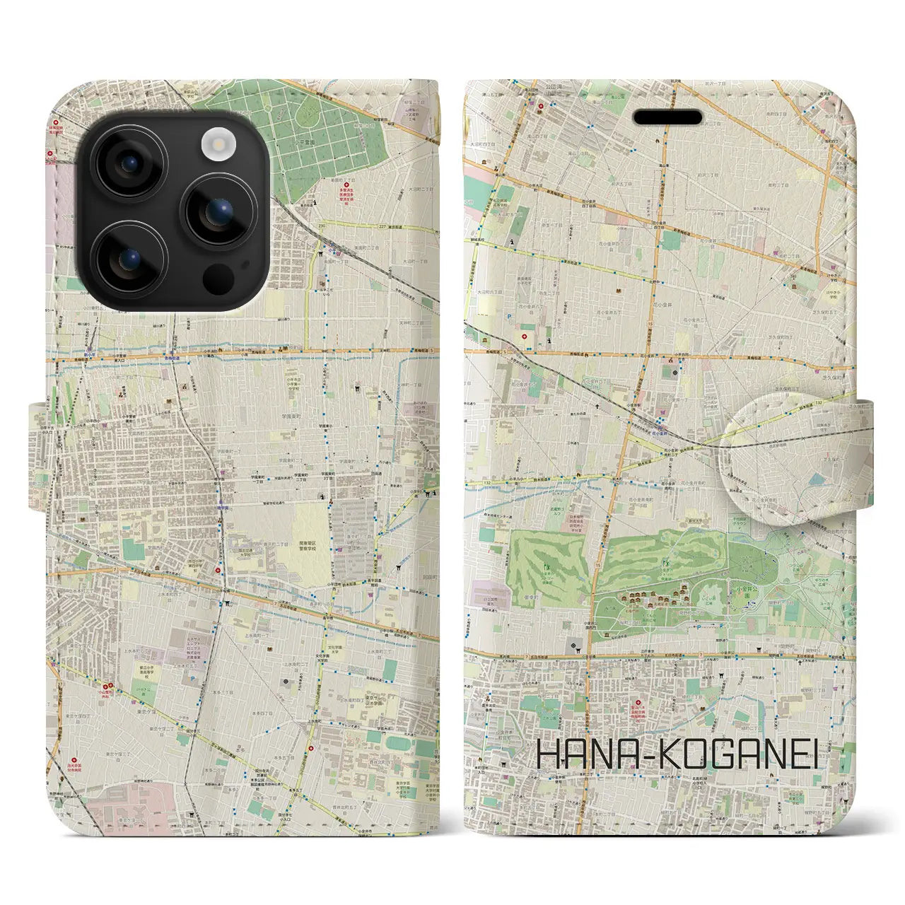 【花小金井(東京都)】地図柄iPhoneケース(手帳タイプ)ナチュラル・iPhone 16 用