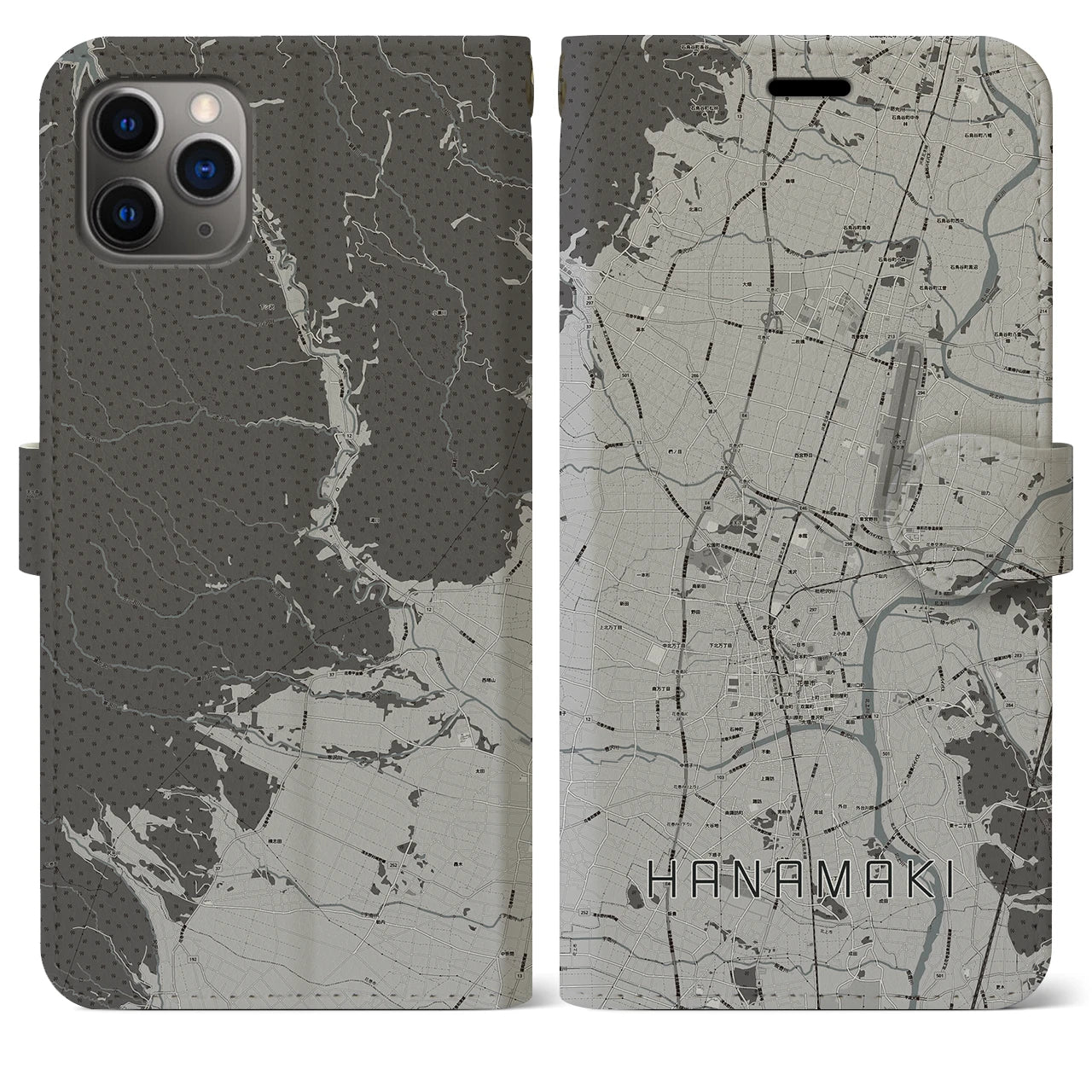 【花巻(岩手県)】地図柄iPhoneケース(手帳タイプ)モノトーン・iPhone 11 Pro Max 用