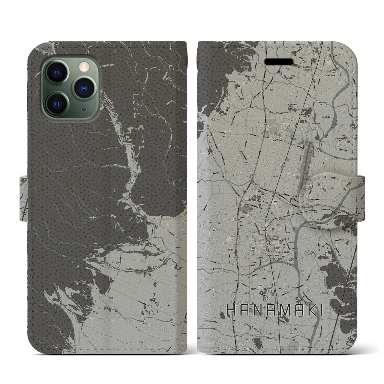【花巻(岩手県)】地図柄iPhoneケース(手帳タイプ)モノトーン・iPhone 11 Pro 用