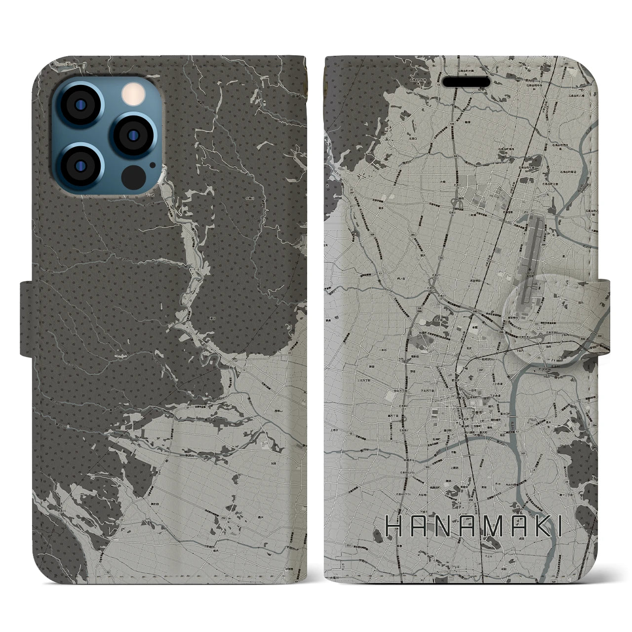 【花巻(岩手県)】地図柄iPhoneケース(手帳タイプ)モノトーン・iPhone 12 / 12 Pro 用