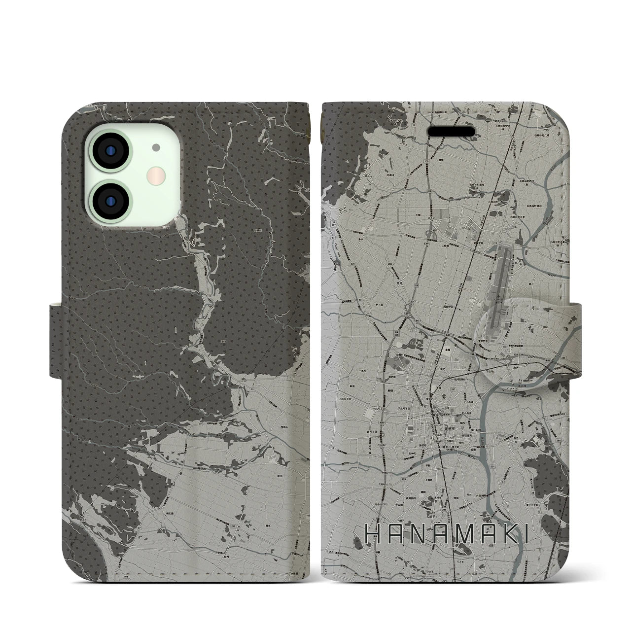 【花巻(岩手県)】地図柄iPhoneケース(手帳タイプ)モノトーン・iPhone 12 mini 用