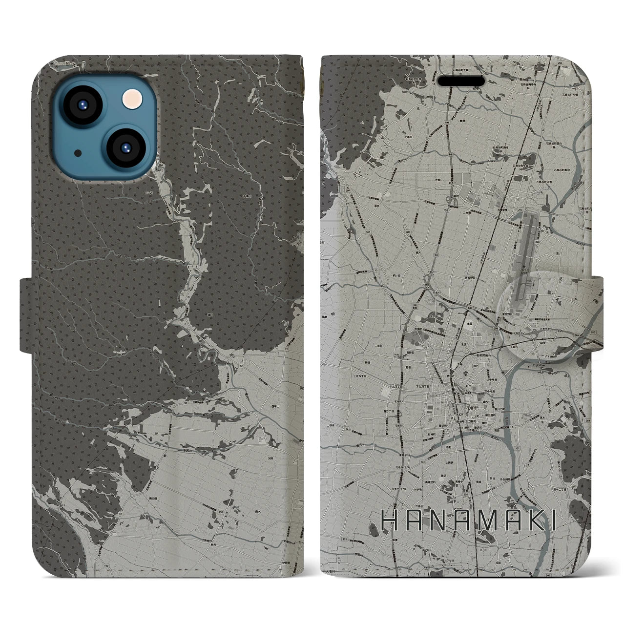 【花巻(岩手県)】地図柄iPhoneケース(手帳タイプ)モノトーン・iPhone 13 用