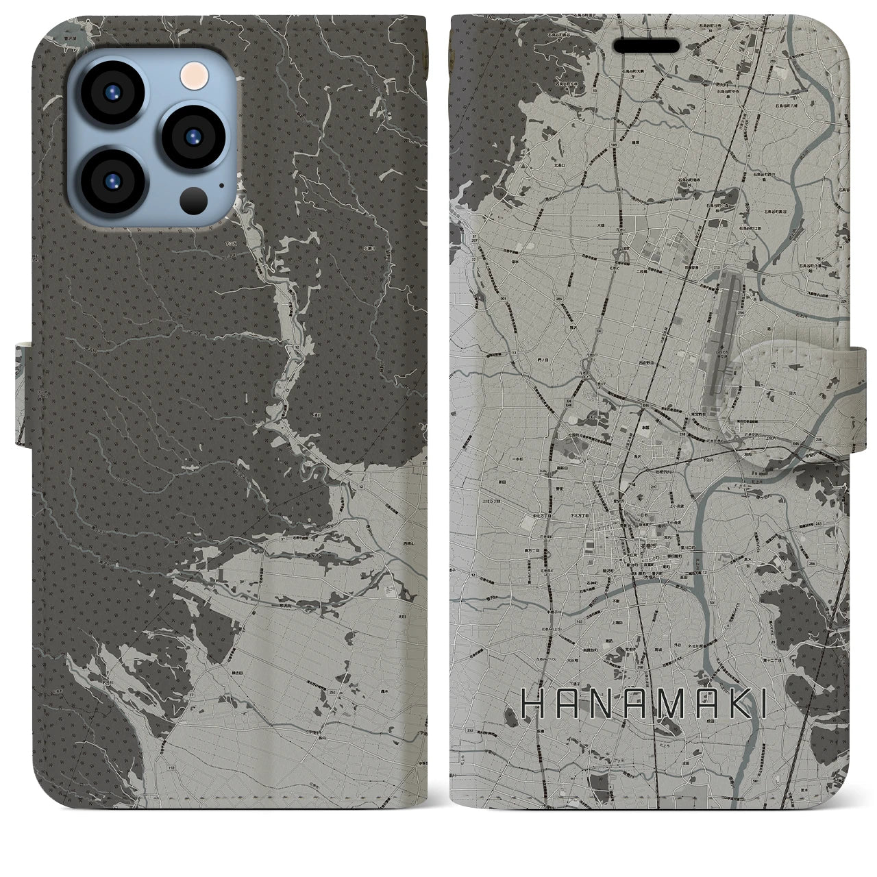 【花巻(岩手県)】地図柄iPhoneケース(手帳タイプ)モノトーン・iPhone 13 Pro Max 用