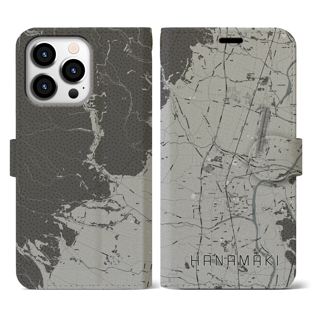 【花巻(岩手県)】地図柄iPhoneケース(手帳タイプ)モノトーン・iPhone 13 Pro 用