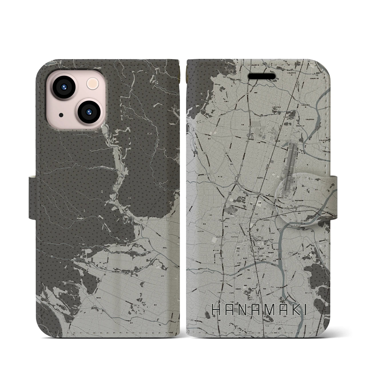 【花巻(岩手県)】地図柄iPhoneケース(手帳タイプ)モノトーン・iPhone 13 mini 用